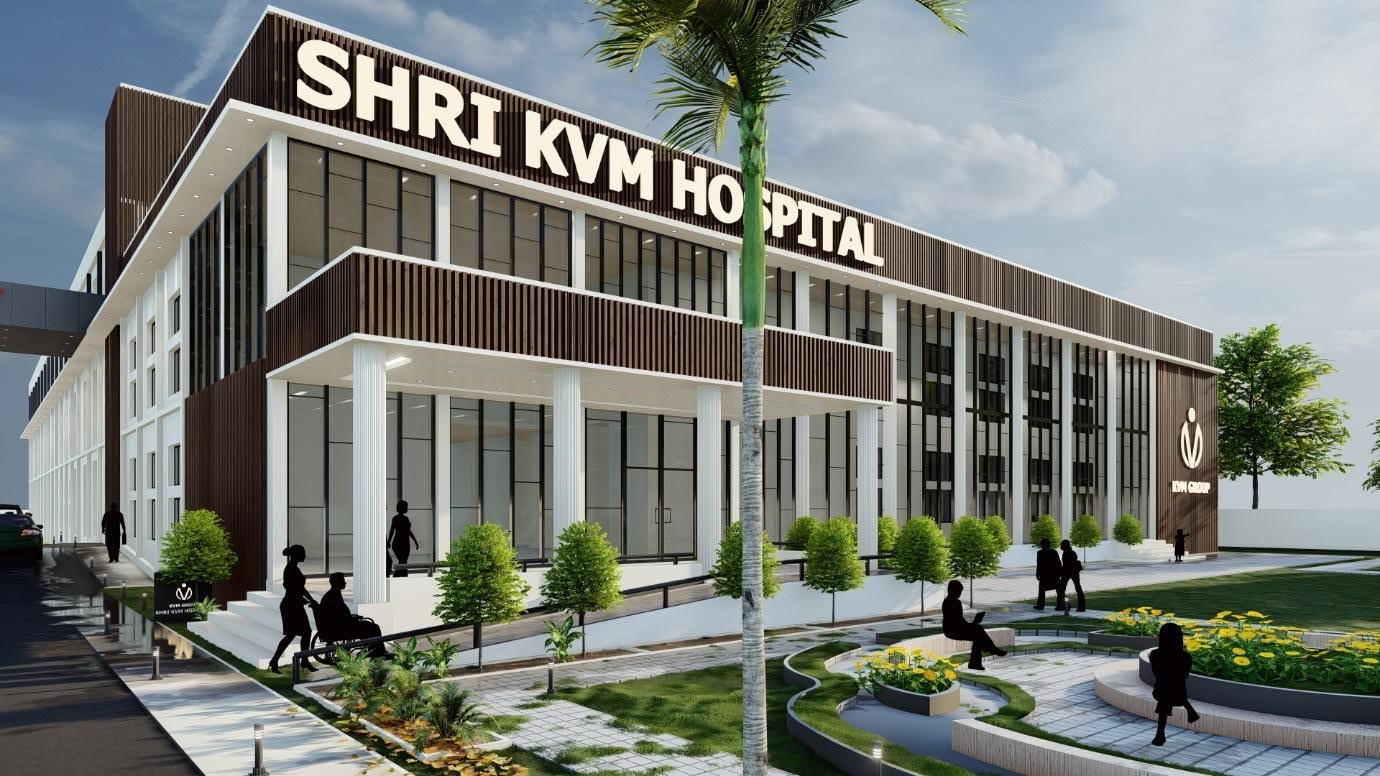 Front view of the hospital entrance and lawn